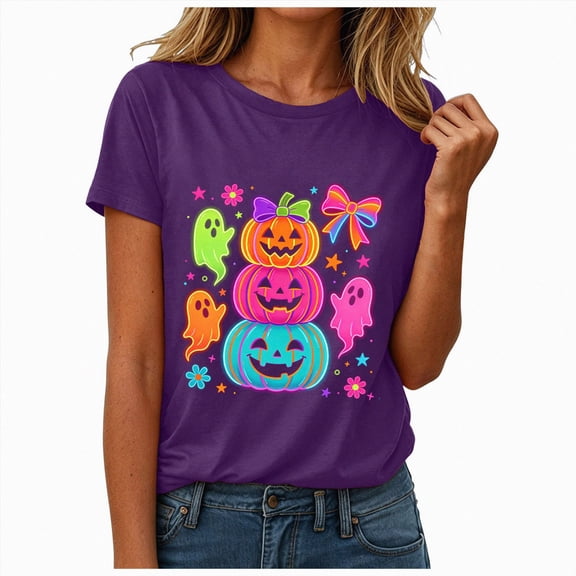 mgoYE Halloween Shirts for Women Graphic Tees Women's Halloween Print Crew Neck T-Shirt, Funny T-shirts Woman Shirts(Purple,L)