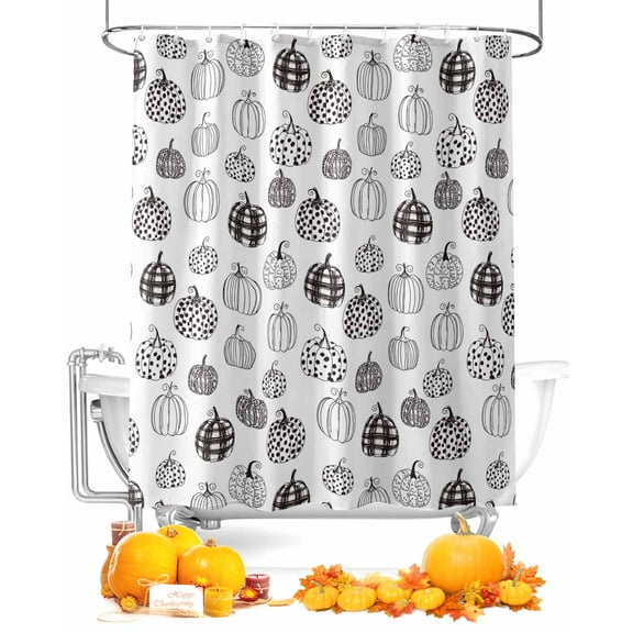 Fall Shower Curtain Black White Pumpkin Bathroom Curtains with Hooks, Waterproof Fabric Polka Dots Autumn Harvest Thanksgiving Bath Shower Curtains Set for Bathroom Bathtubs Decor 36x72 Inch