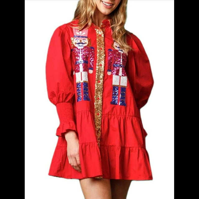 Vestido Camisero de Cascanueces para Mujer, con Brillo Navideño, Sudadera de Papá , Minivestido Tipo Suéter Rojo XXXL
