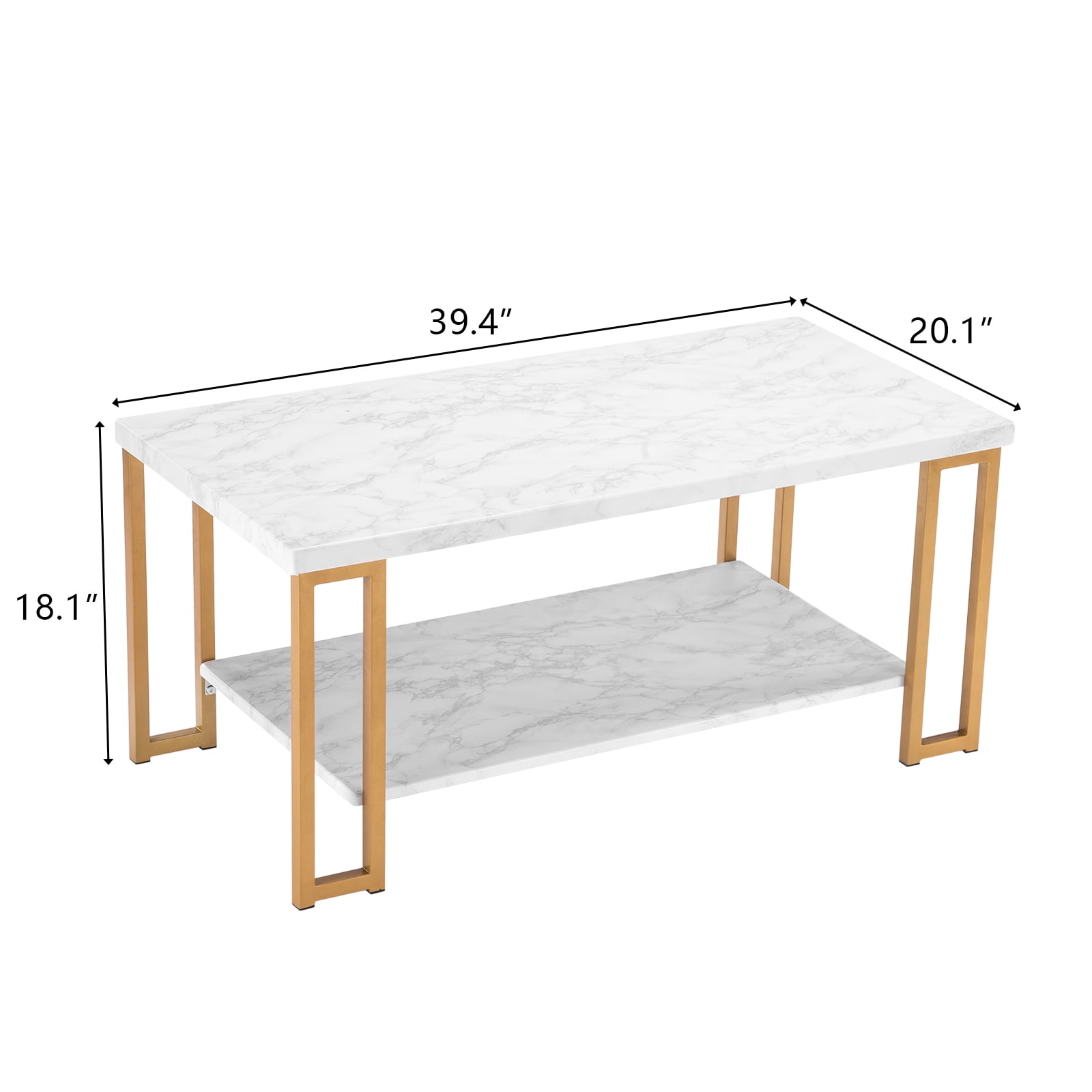 Double-Layer Coffee Table, Faux Marble PVC Tabletop with Metal Frame, Rectangular Side Table, 110 lbs Capacity for Living Room Home Decor