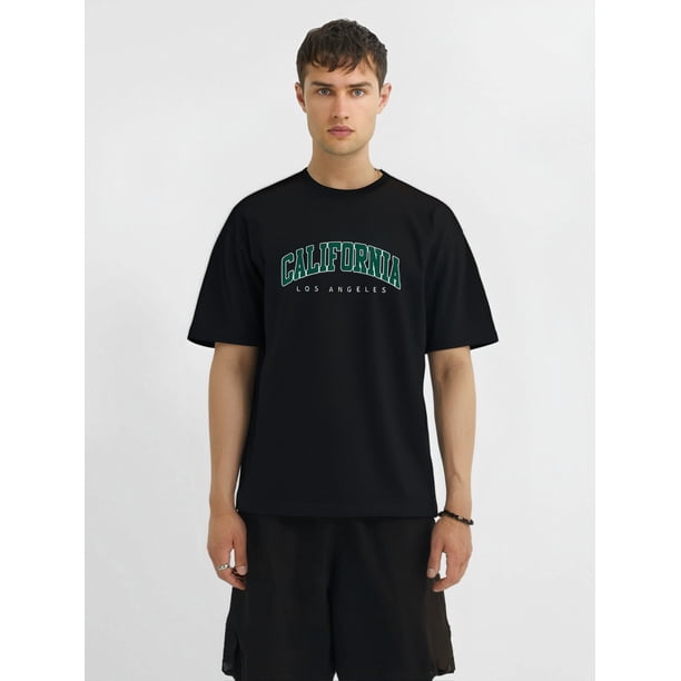 Men'S Casual Crew Neck T-Shirt with "California, Los Angeles" Print, Slight Stretch, Regular Fit, Fashionable Summer Top for Sports and Leisure - 180gsm