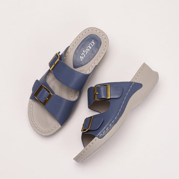 Sandalias de cuña con correa de doble hebilla sandalias de verano cómodas zapatos de verano de los pies abiertos para mujeres