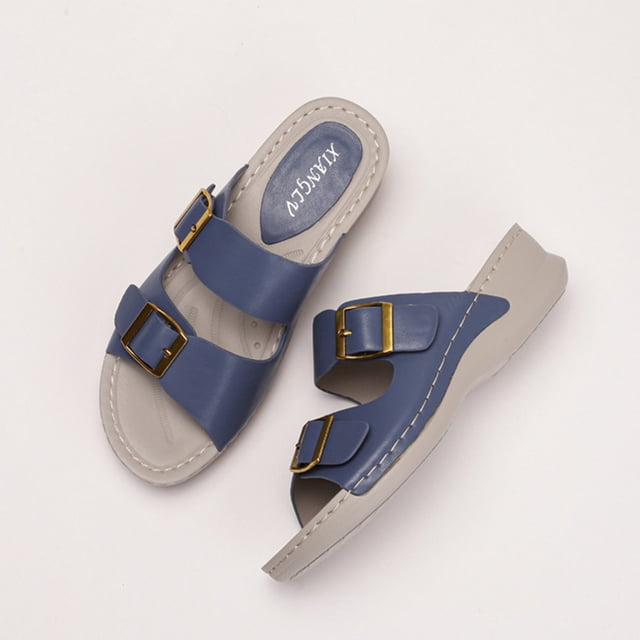 Sandalias de cuña de correa de doble hebilla sandalias de verano cómodas sandalias de vestimenta de punta abierta se deslizan para mujeres