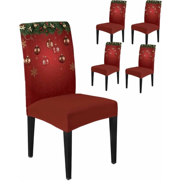 Chair Covers for Dining Room Set of 4,Winter Christmas Snowflakes Balls Stretch Seat Protector Removable Washable Chairs Slipcovers for Kitchen Banquet Wedding Hotel,Xmas Spruce Leaf Berry on Red