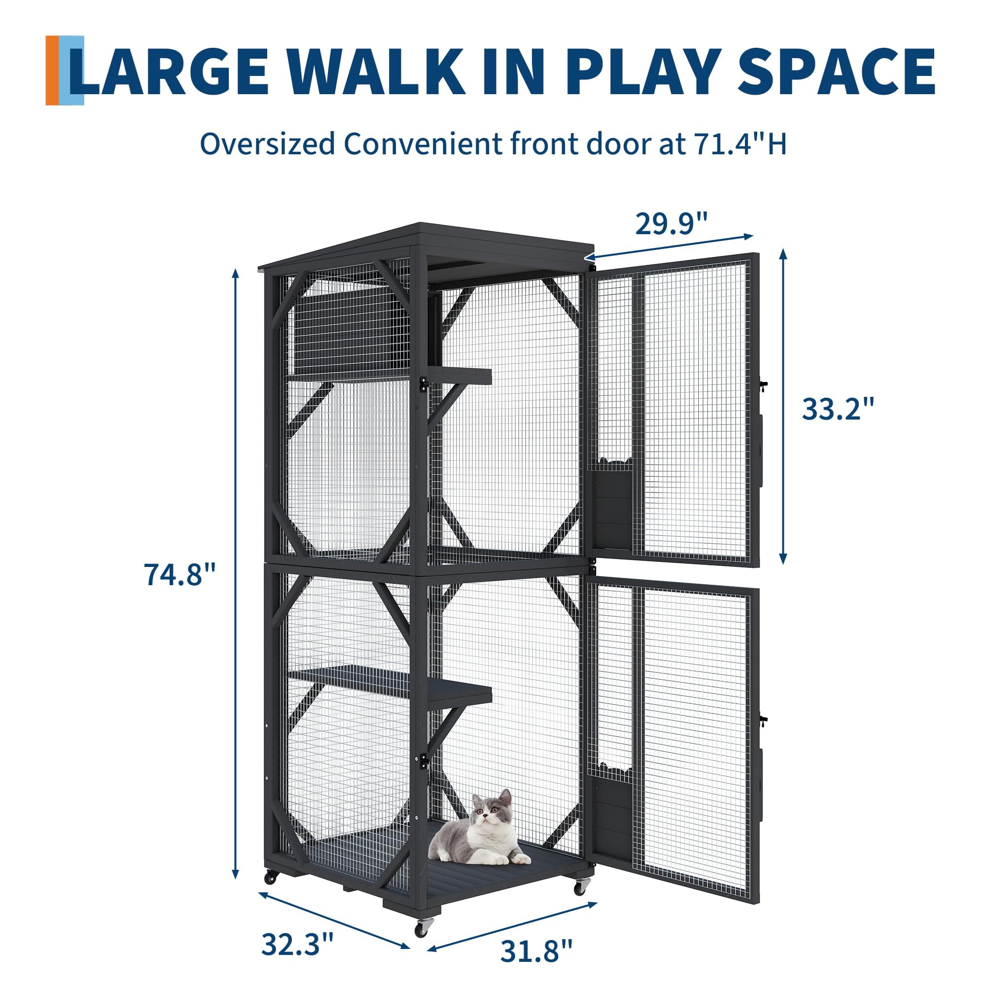 Gaderth Large Wooden Catio Outdoor Cat Enclosure with Window Access, Wooden Cats Enclosures, Spacious Outdoor Cat House for Patio & Backyard, Indoor Cat Playpen