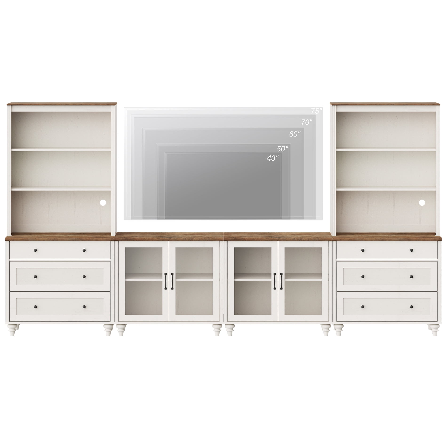Entertainment Center with Bookshelves with Glass Doors & Drawer, Farmhouse Wall Unit TV Stand for TVs up to 75", Media Console Table for Living Room, Bedroom & Home Theater, White