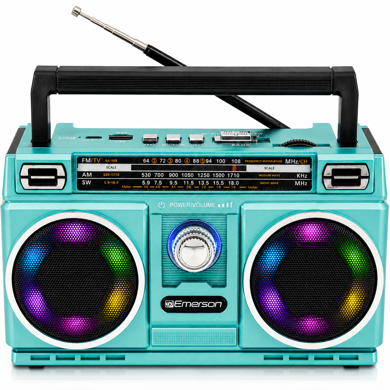 Emerson Portable Bluetooth Radio Boombox with 4-Band AM/FM/TV/SW Shortwave Radio, Rechargeable Battery, USB & TF Card MP3 Playback, and LED Color Lights