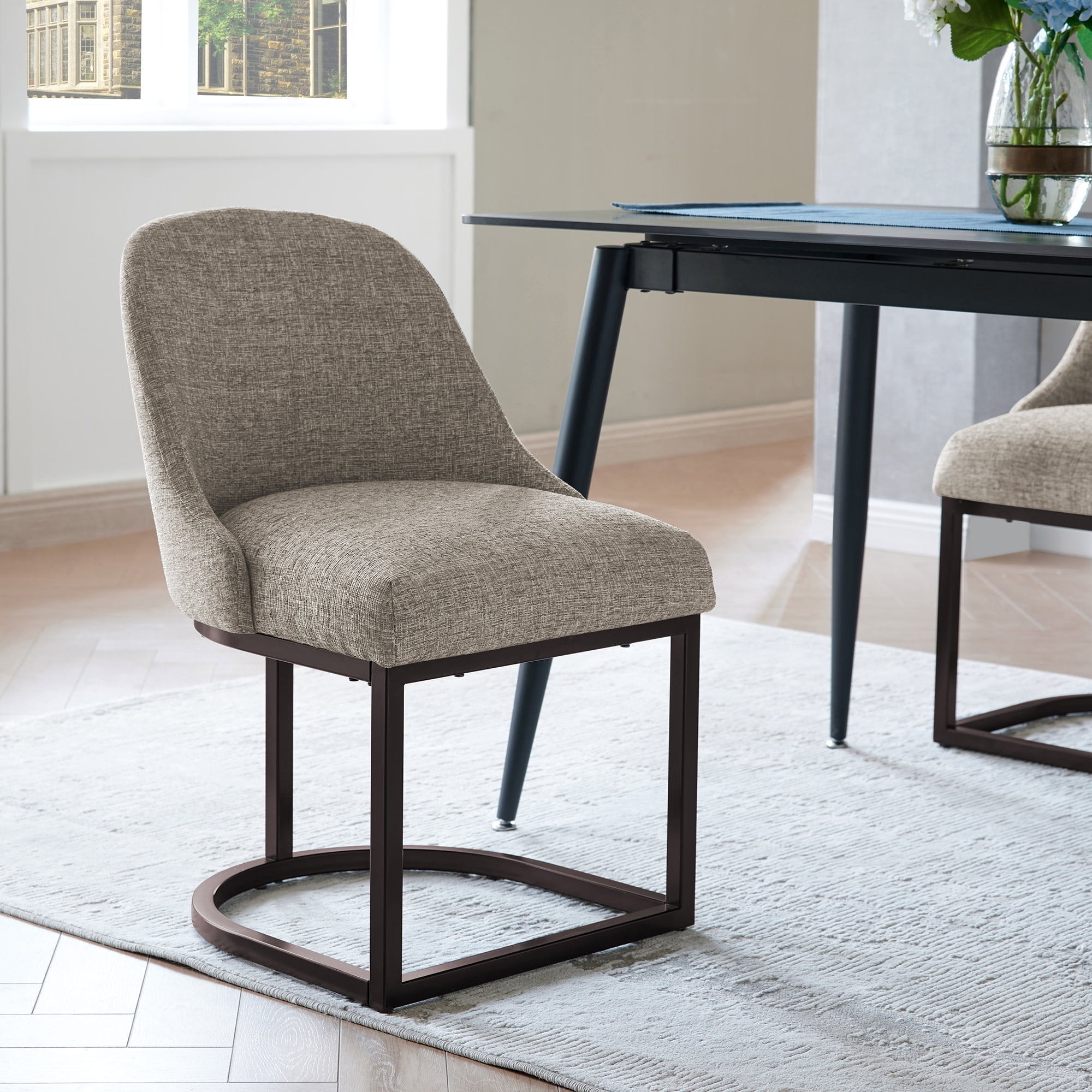 Upholstered Barrelback Dining Chair with Brown Metal Base, Set of 2