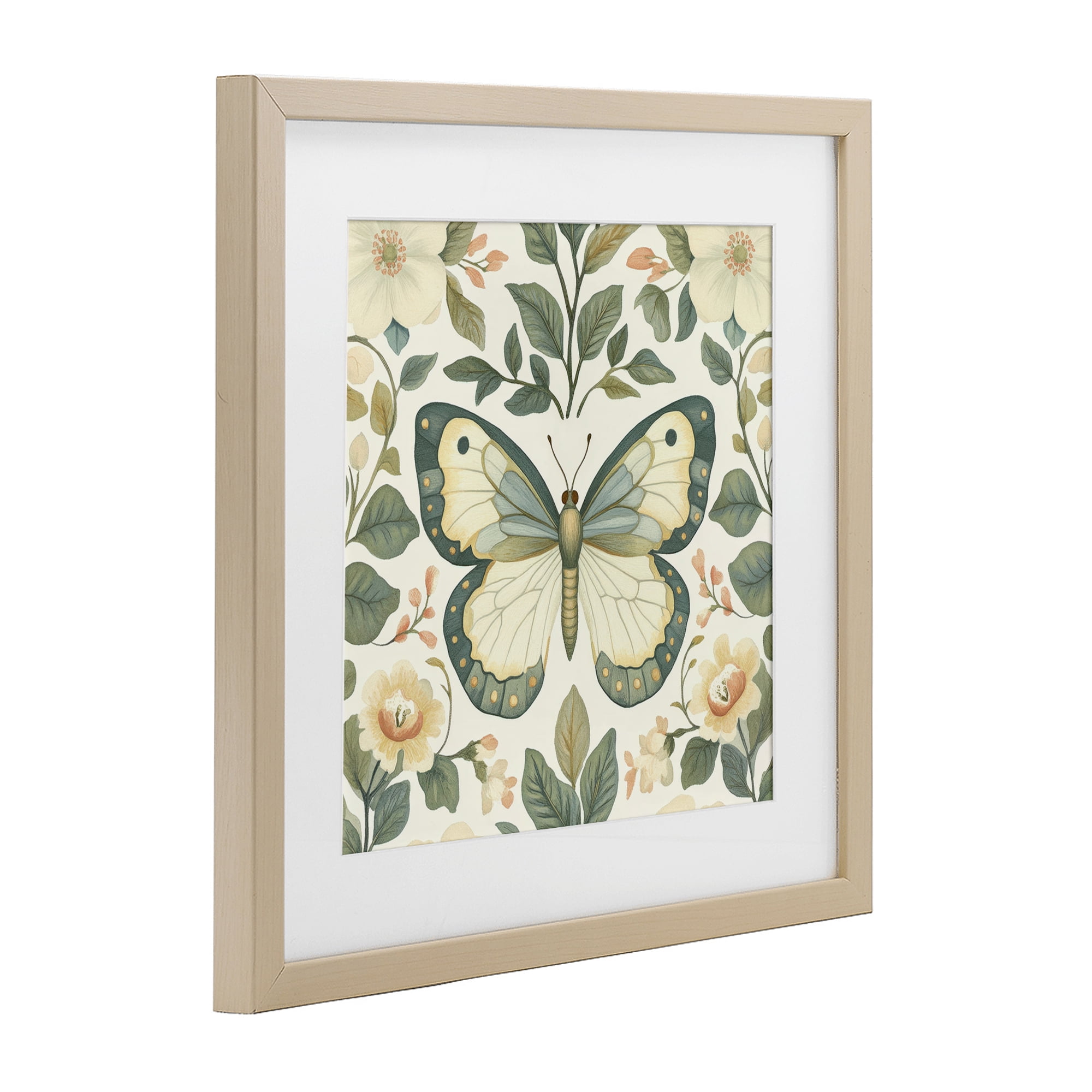 Stupell Industries Sage Butterfly and Florals Birch Framed Print Under Glass, design by Petal Prints Design