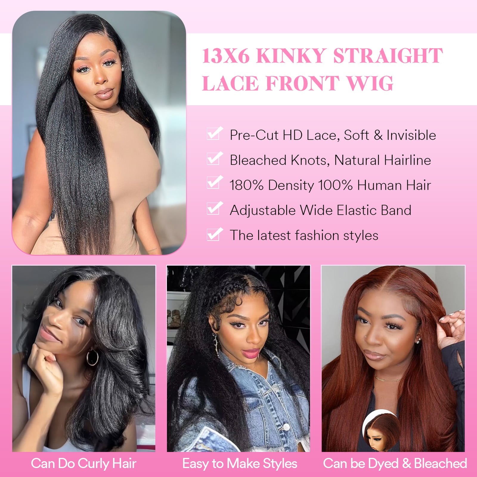 13x6 Kinky Straight Human Hair Wig 180% Density HD Transparent Glueless Lace Front Wigs Human Hair Pre Plucked with Baby Hair Natural Hairline Yaki Straight Human Hair Wigs For Black Women 32 inch