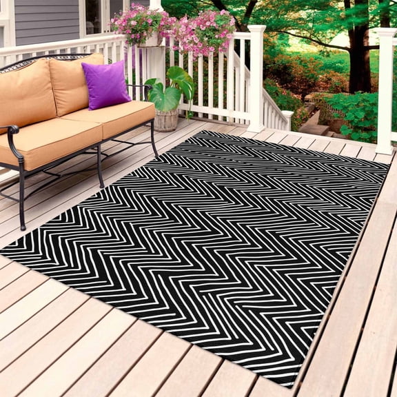 Black White Stripe Outdoor Rug for Patio/Deck/Porch, Non-Slip Large Area Rug 5 x 7 Ft, Modern Abstract Art Moire Striped Indoor Outdoor Rugs Washable Area Rugs, Reversible Camping Rug Carpet Runner