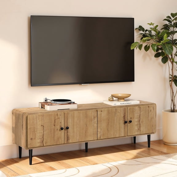 LuxenHome Oak Manufactured Wood 64.5-Inch Wide 4-Door TV Console Cabinet