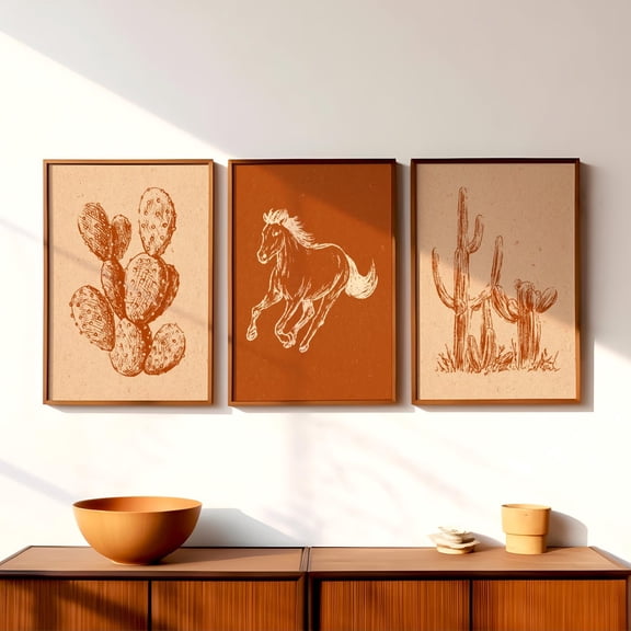 Luvia Set Of 3 Cowboy Western Wall Posters, Orange And White Southwest Decor, Minimalist Gallery Poster, Southwest Landscape, Modern Decor Set 3 Prints 8x12 UNFRAMED