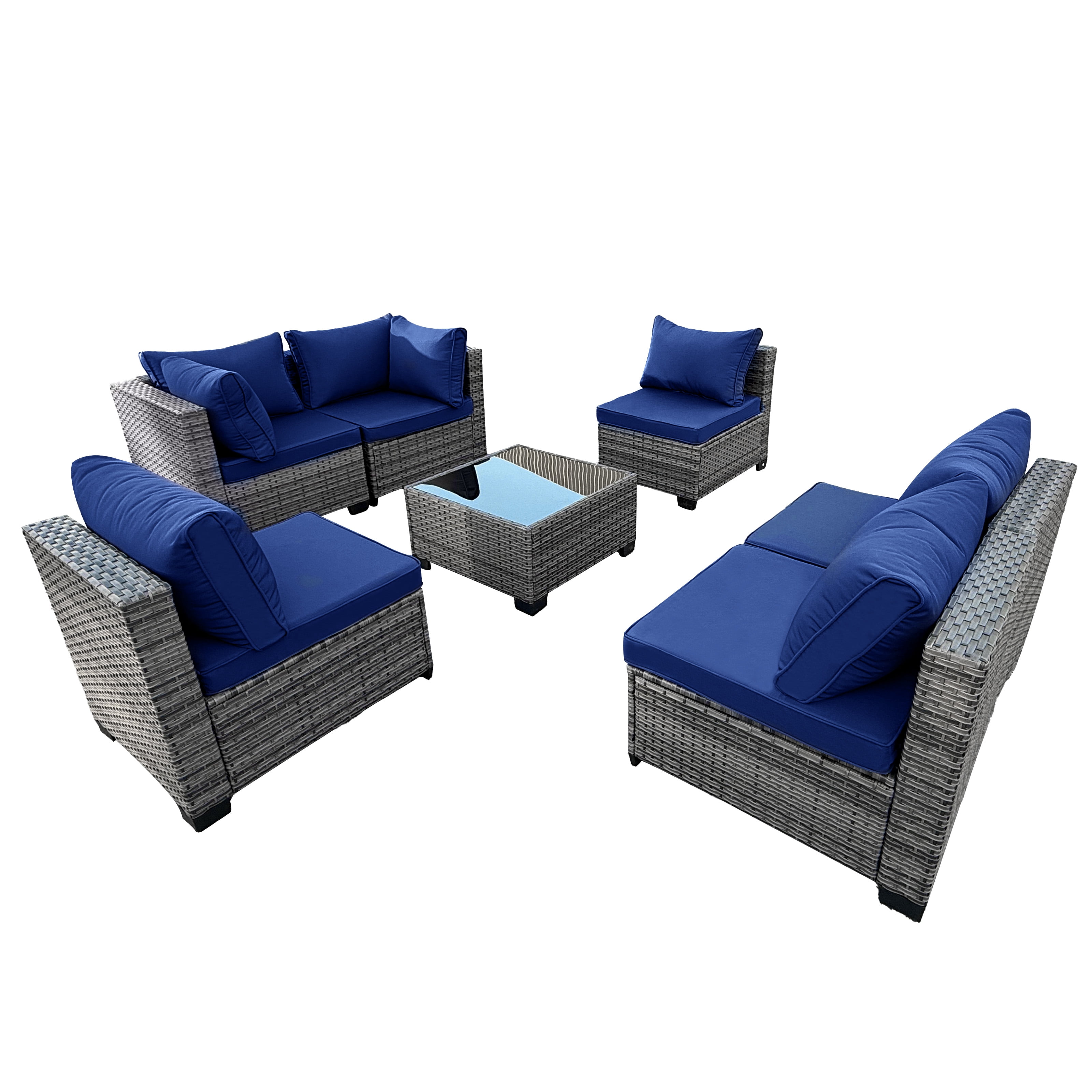 MOLIBYME 7 Pcs Outdoor Patio Furniture Set, Modular Outdoor Sectional Wicker Conversation Set, Rattan Sofa Set with Glass Table and Washable Cushion Covers, Blue Cushion