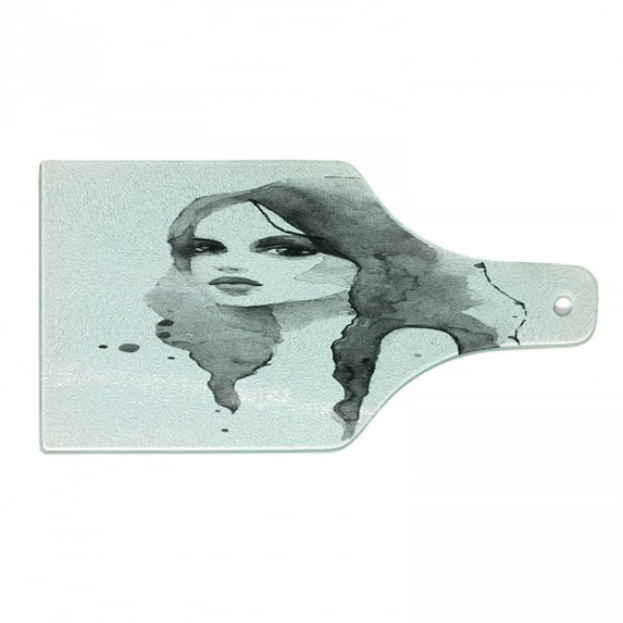 Feminine Cutting Board, Portrait of Girl in Watercolor Painting Effect Femininity Theme Creative Modern, Tempered Glass Cutting and Serving Board, Wine Bottle Shape, White Black, by Ambesonne