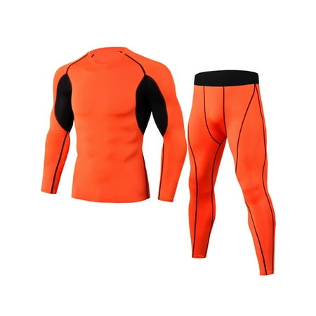 MAWCLOS Men's Compression Shirt And Pant Set Crew Neck Base Layer Suit Long  Sleeve Tracksuit Active Fall Quick Dry Legging Outfits Orange L 