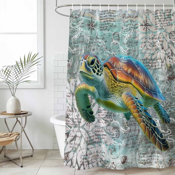 Coastal Turtle Waterproof Fabric Shower Curtain,Farmhouse Ocean Nautical Marine Life Waterproof Fabric Shower Curtain for Bathroom Curtains Bathtubs Hotel Shower Curtains with 12 Hooks Standard 60x72