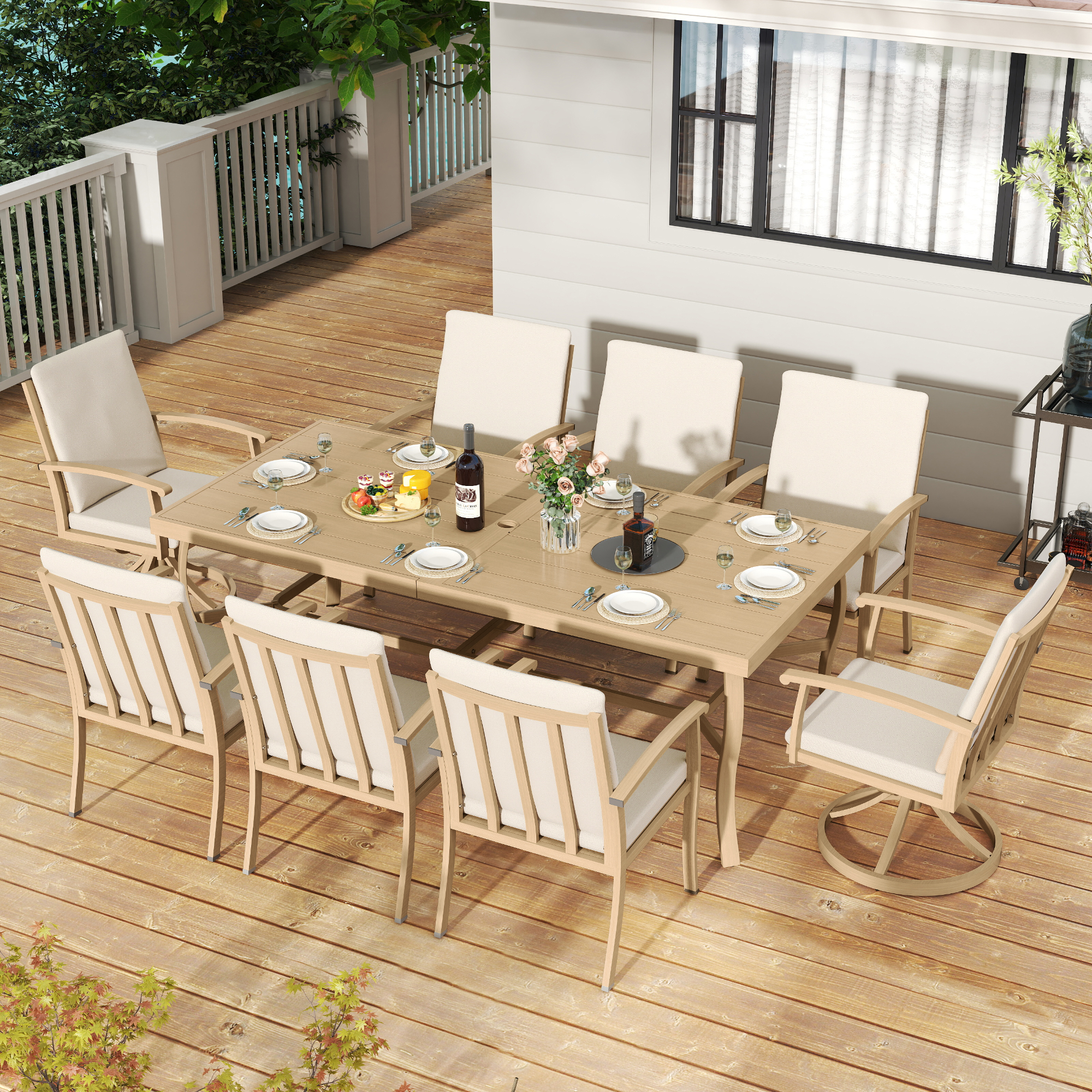 HAPPATIO Aluminum 9 Piece Patio Dining Sets, Outdoor Dining Set for 8, Patio Furniture Sets, 2 Swivel Dining Chairs, 6 Dining Chairs, Aluminum Furniture Set for Patio, Yard (Beige)