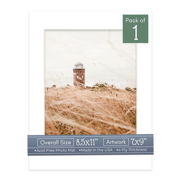White Picture Frame Mat for 8.5x11 Frames - Fits 7x9 Photos - 1 Mat