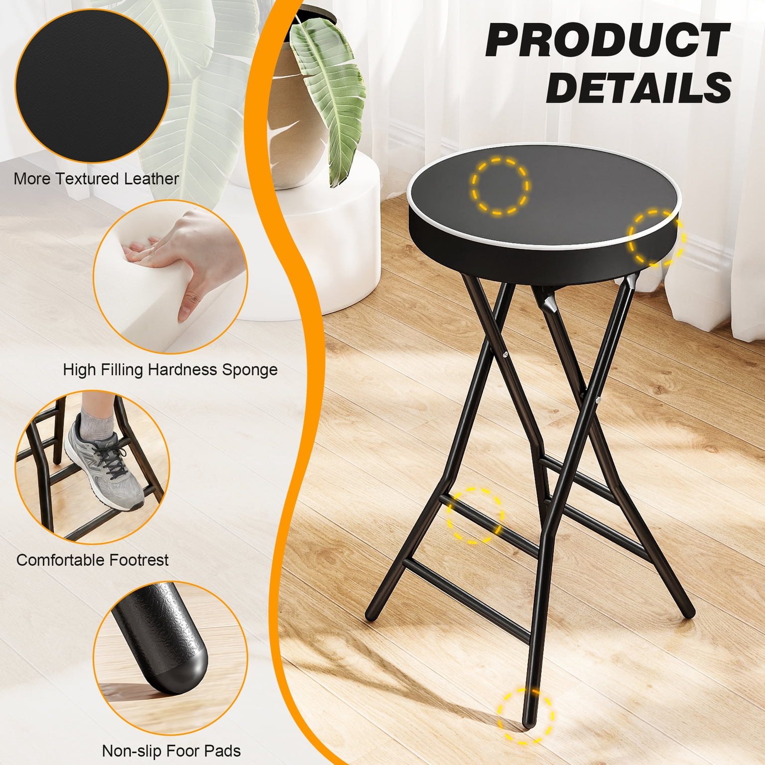 26 inch Height Folding Stool, 400 lbs Capacity, Faux Leather Seat for Outdoor, Camping
