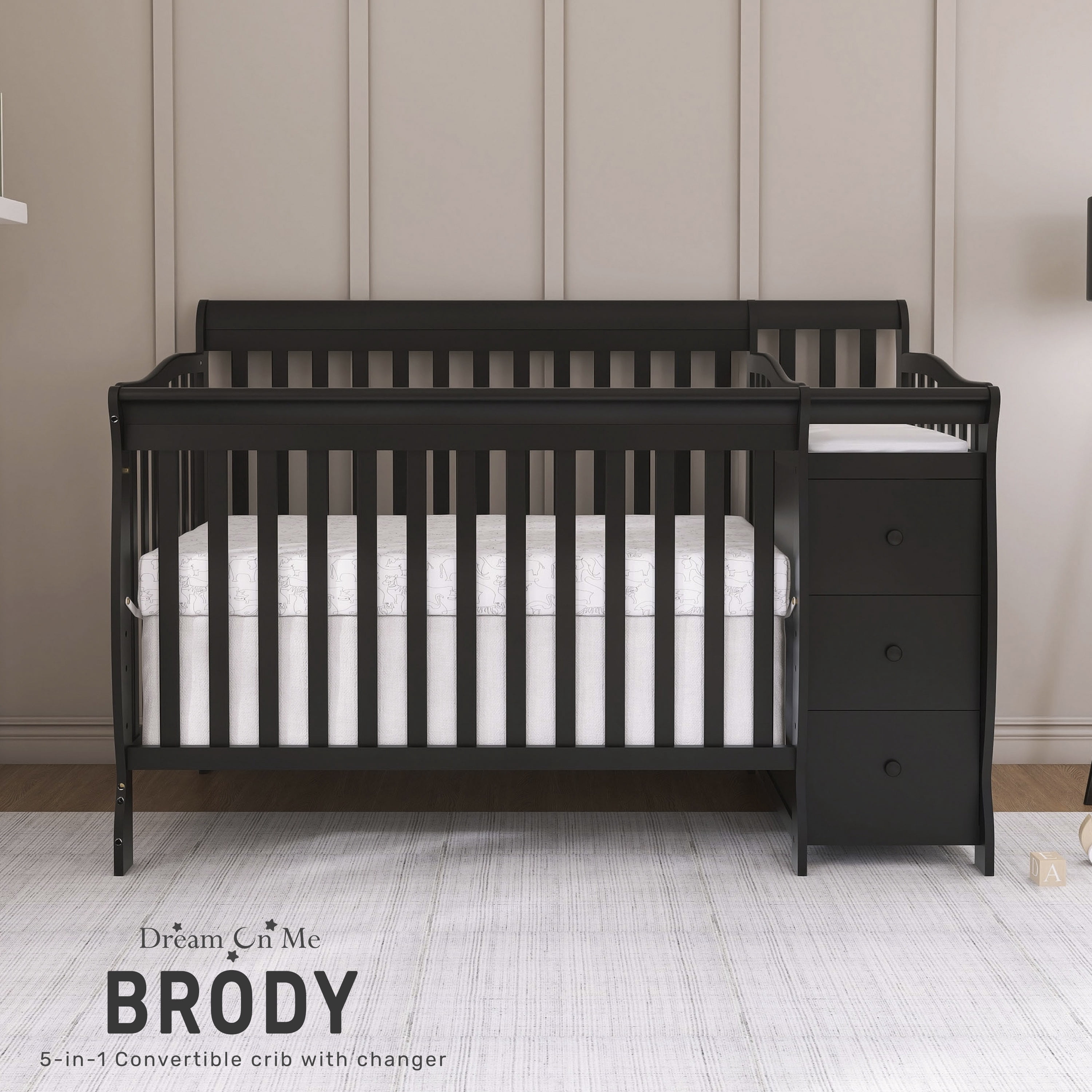 Dream On Me Brody 4-in-1 Fixed-Side Convertible Crib and Changing Table Combo, Black