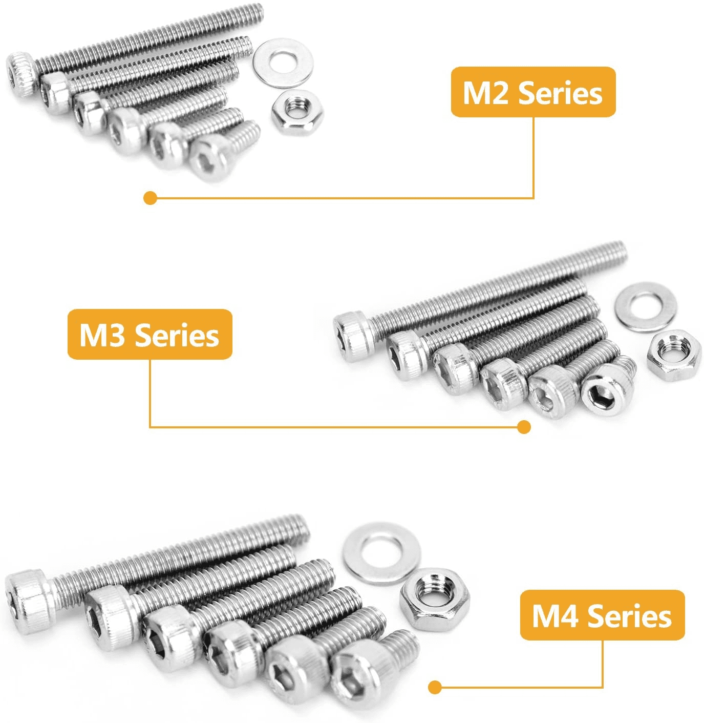 VIGRUE M2-M3-M4-1080PCS Stainless Steel Screws and Nuts, 1080 Pcs Hex Socket Head Cap, Silver