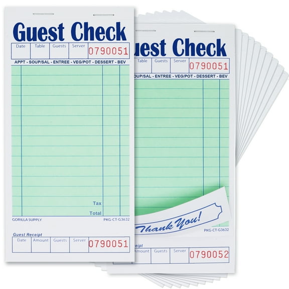 [500] Gorilla Supply Guest Check Book 3.4" x 6.73" Server Notepads Order Pad for Waiter and Waitress, Heavyweight Single Part Perforated Checks, Green, 500 (50 Checks x 10 Books)