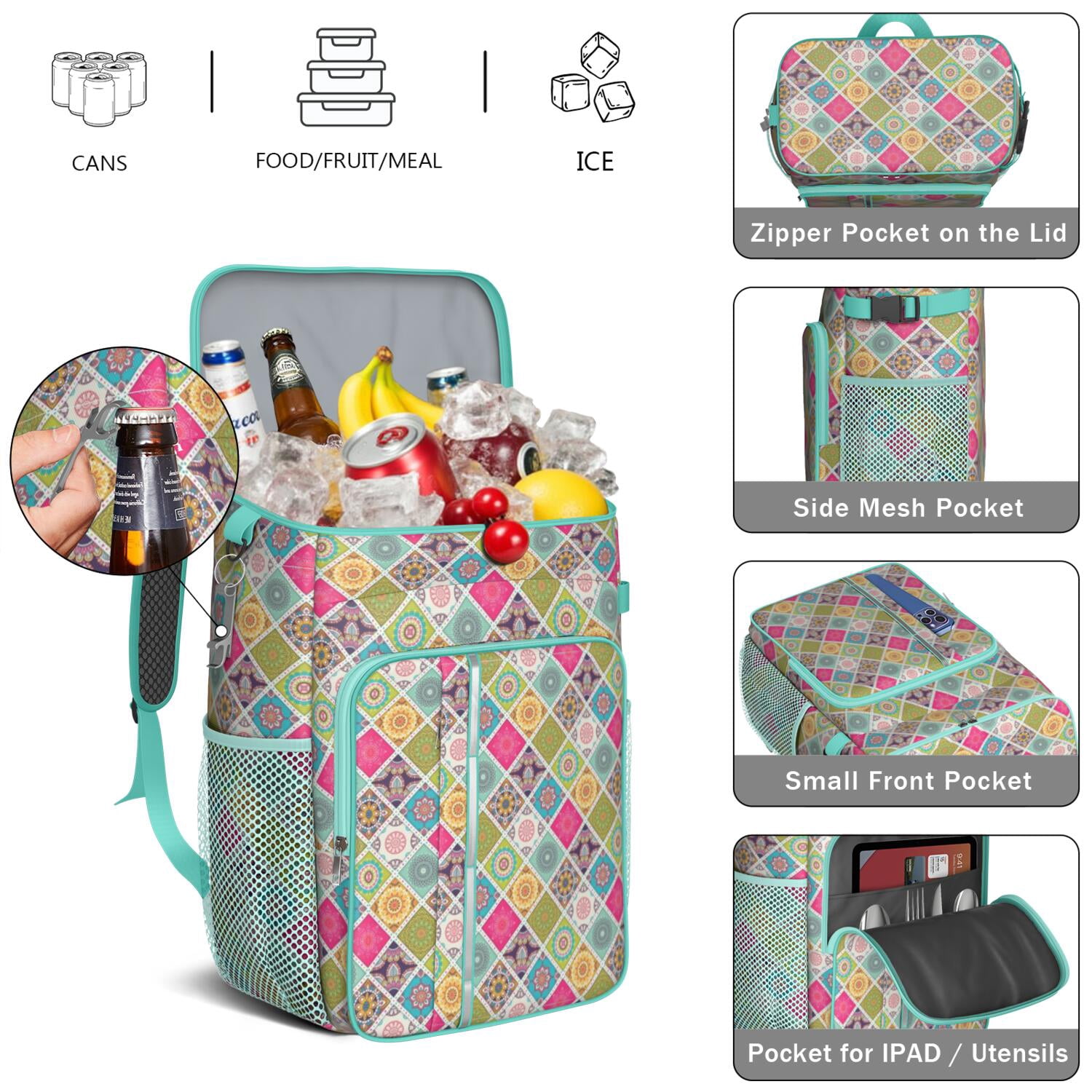 Travel Cooler Bag - Boho Bohemia Flower Camping Beer Cooler Backpack with Bottle Opener- Waterproof Insulated Picnic Backpacks - Cooler Bag for Beach