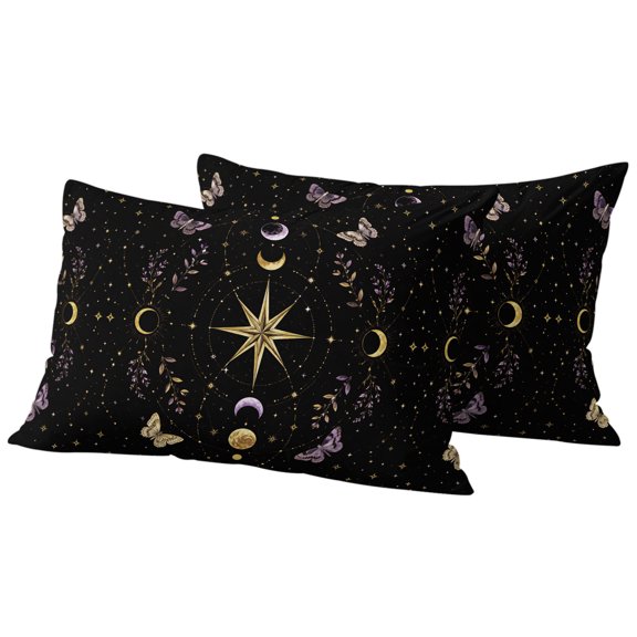 Black Night Sky Outdoor Waterproof Pillow Covers, Golden Moon Star Purple Leaves Butterfly Decorative Rectangle Throw Pillowcase Sofa Cushion Sham for Patio/Couch/Chair, 20"x12" 2 Pack