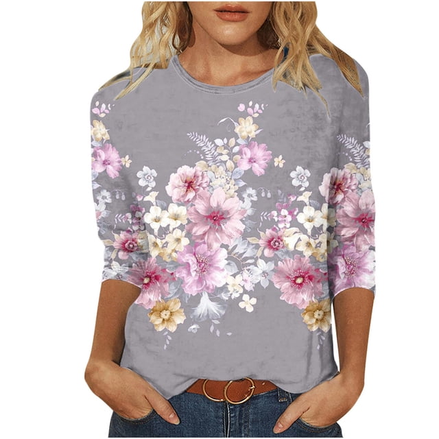 YanHoo Tuniques à Manches 3/4 pour Femmes T-Shirts Graphiques à Manches 3/4 Chemisiers et Hauts à Manches 3/4 pour Dames Vente de Liquidation Hauts Col Rond pour Femmes Économies d'Été 2025