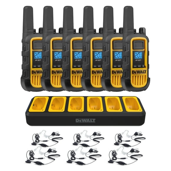 6 DEWALT Walkie Talkies PLUS Earpieces - DXFRS800 2 Watt, Heavy Duty, Waterproof, Shock Resistant, Long Range Two-Way Radio Set with VOX, 6 Pack of Radios and 6 DXFRS-SV1 Headsets