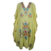 Mogul Kashmiri Maxi Kaftan Floral Hand Embroidered Lemon Yellow Cover Up Evening Dress