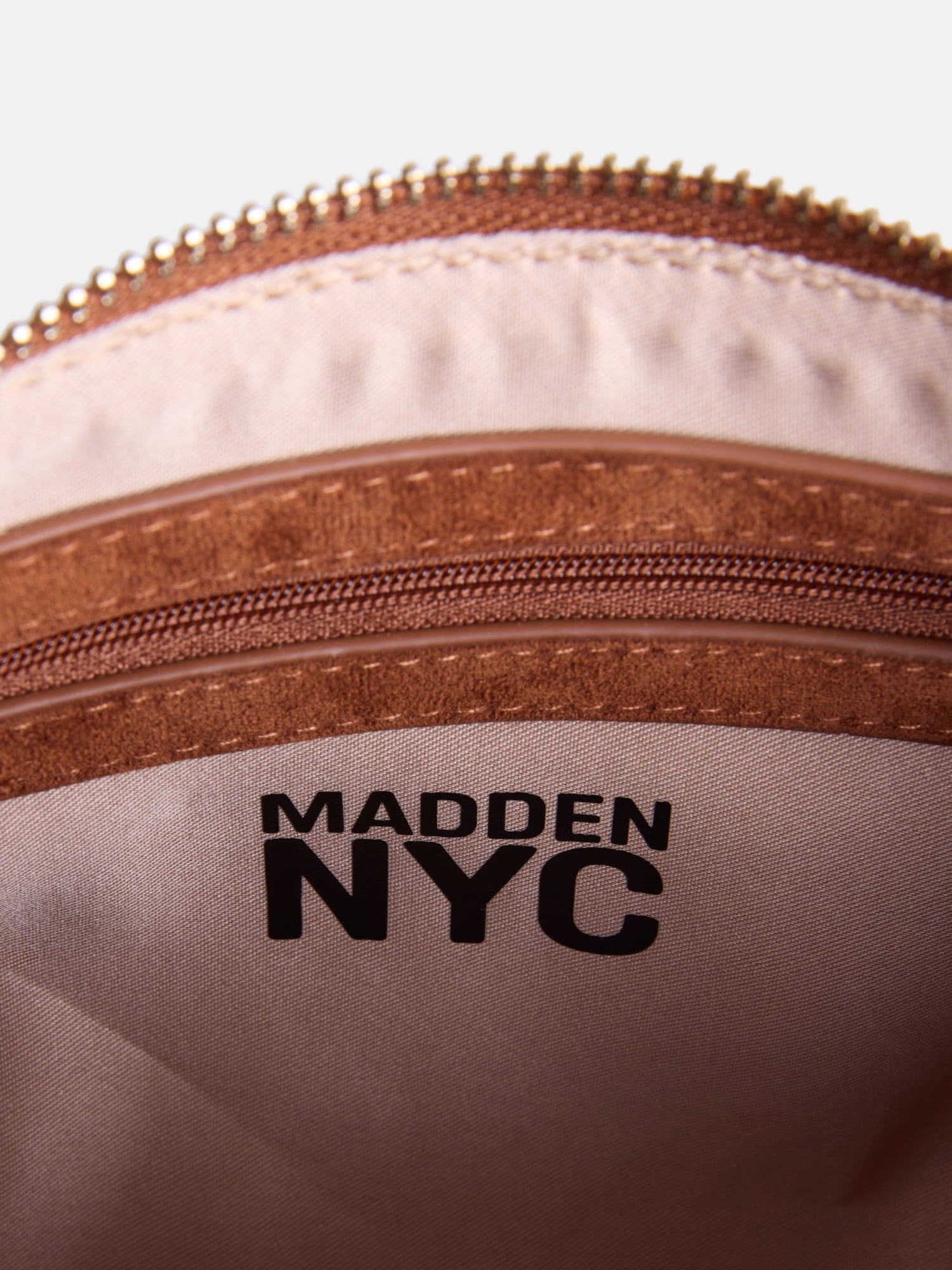 Madden NYC Women's Small Top Zip Faux Suede Handbag, Cognac
