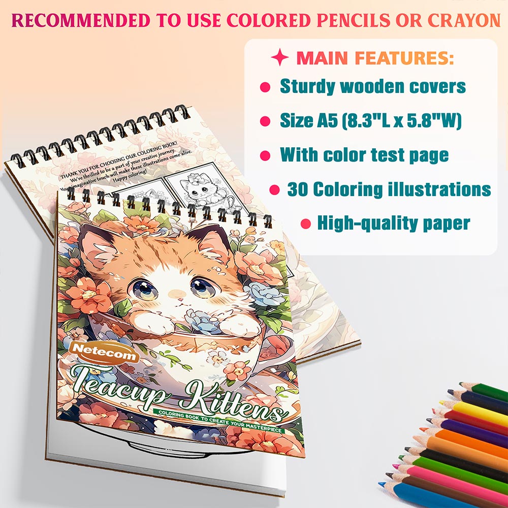 Netecom Teacup Kittens Coloring Book Spiral Bound for Adults, A5 Wooden Cover, 30 Adorable Kittens in Cute Teacups Coloring Pages for Stress Relief and Relaxation