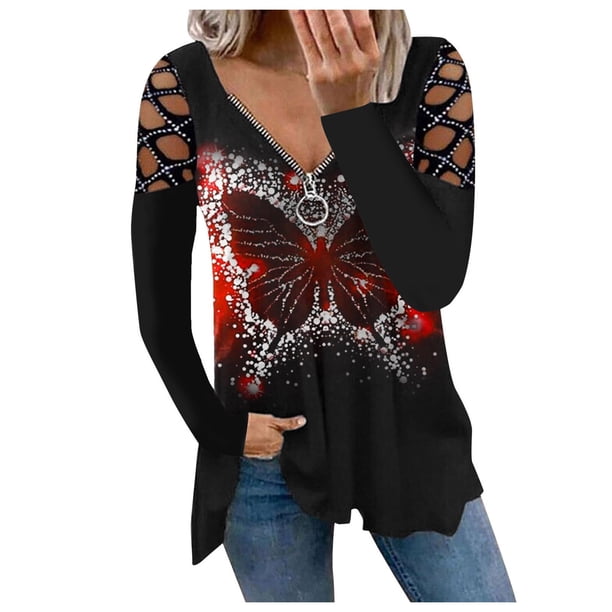 Gibobby Blusas De Mujer Tops Blusa Casual con cuello en V Estampado Camisas de manga larga con cremallera Blusa de mujer(Rojo, M)