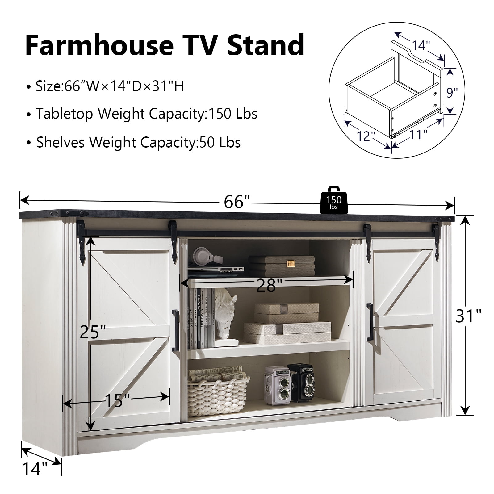 T4TREAM Farmhouse TV Stand for TVs up to 75" - Wood Entertainment Center with 4 Drawers & Barn Door & Adjustable Shelves, White