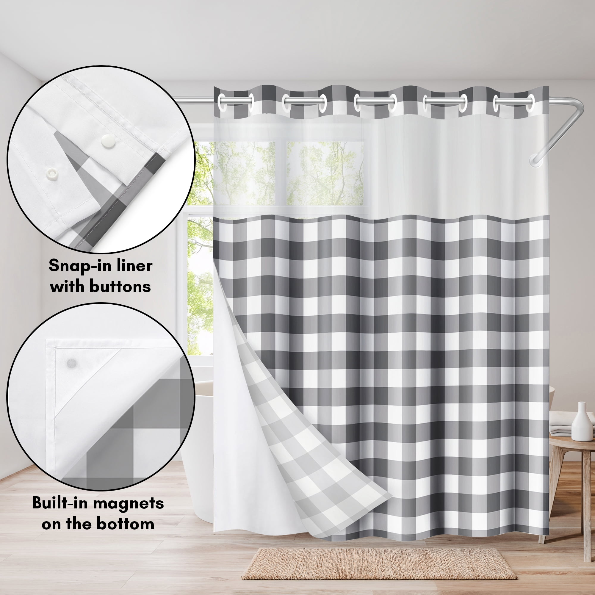 Americanflat 72x75 Hookless Shower Curtain - Gray Plaid Shower Curtain with Sheer Panel, Snap-In Liner, and Grommets - 100% Polyester
