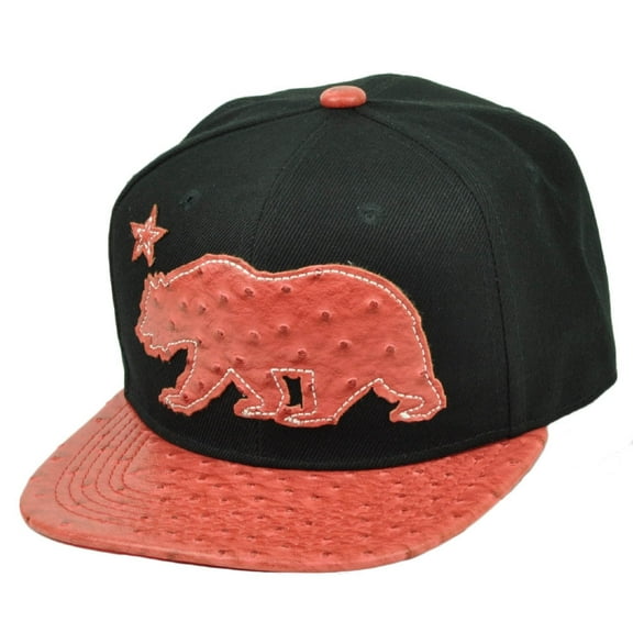 California Republic Cali Bear Flag Ostrich Flat Bill Snapback Black Red Hat Cap