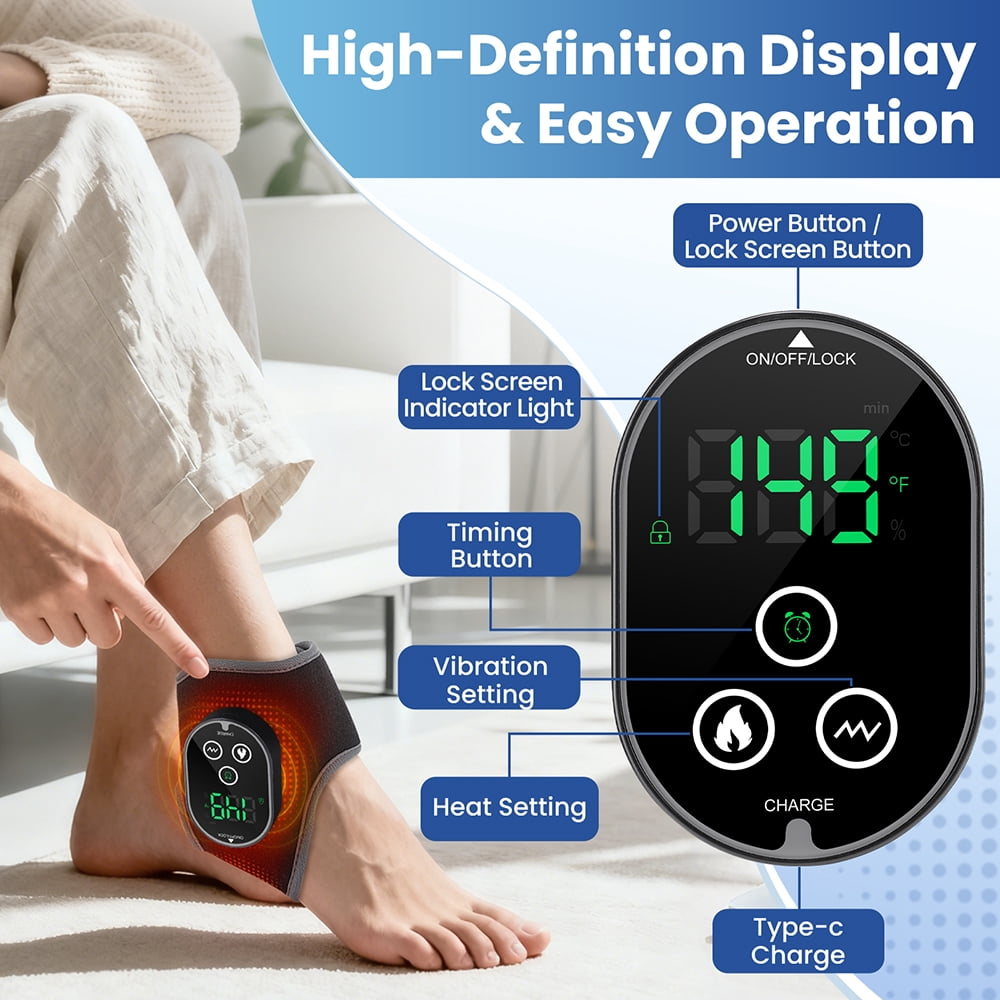 Cordless Heated Vibrating Ankle Wrap, Foot Ankle Massager with 4 Heat Levels (122-149℉) & Dual Motors, 3000mAh Rechargeable Battery, Fit for Left or Right Ankle, Portable for Home Office Travel