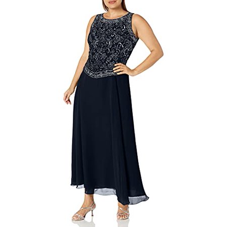 J Kara Womens Plus Size Long Beaded V Trim Detail Dress with Scarf, Navy/Mercury/Gun, 18W