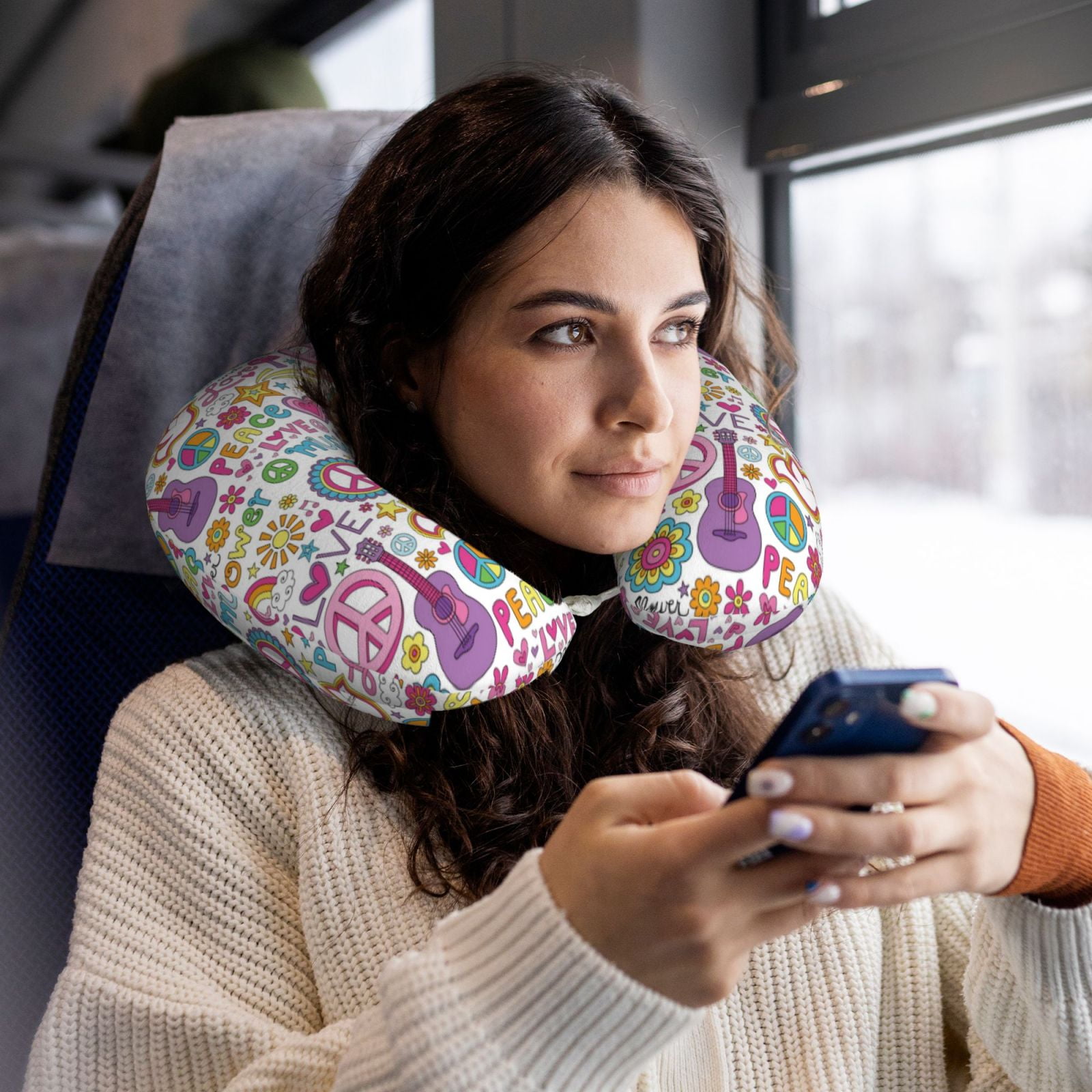 Xecao Peace Love and Dove Flower Power Print Memory Foam Cervical Neck Pillow Versatile U-Shaped Pillows for Home,Office,Camping,Travelling,Soft Washable Cover
