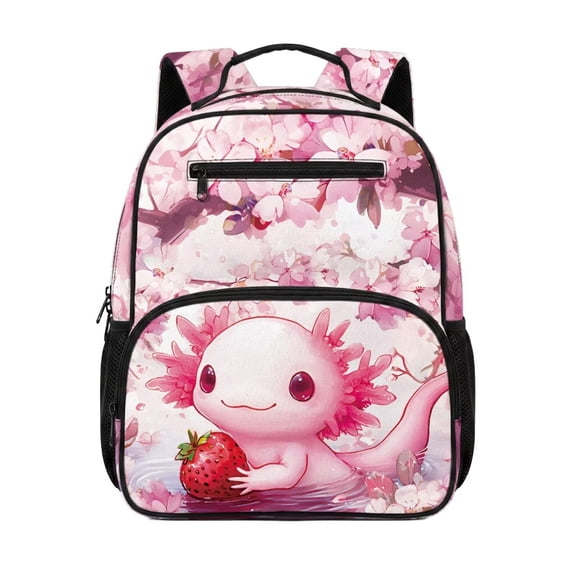 KUIFORTI Axolotl Strawberry Toddler Backpack Girls Kids School Bag with Side Pockets Adjustable Straps Durable for Preschool Kindergarten Back to School Gifts for Students