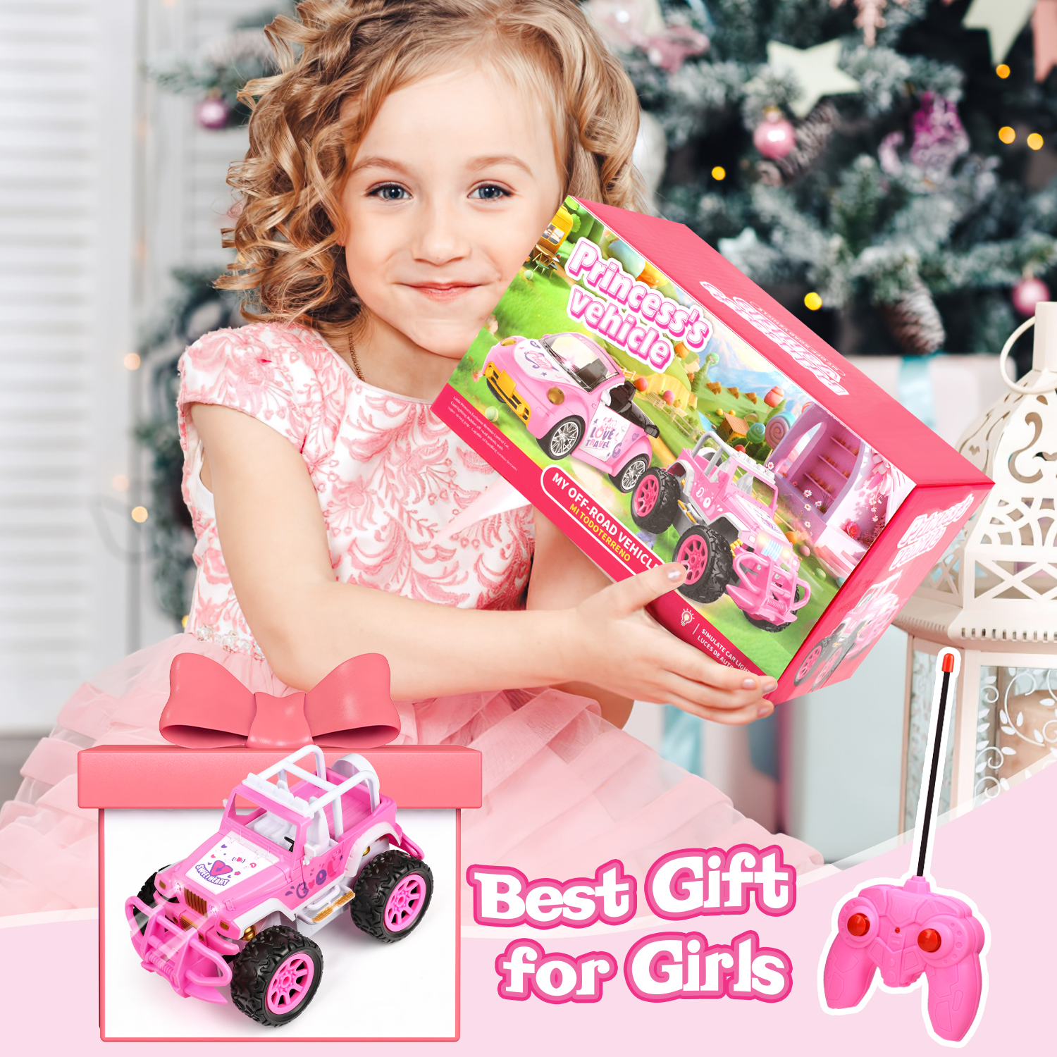 Flooyes Remote Control Car for Girls, Pink RC Car, 2.4Ghz All Terrain Off-Road RC Truck with Rechargeable Battery, Girl Toys Birthday  Gifts for 3 4 5 6 7 8 Years Old Kids