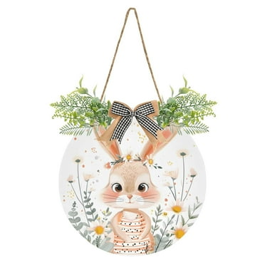 Welcome Door Sign Cute Bunny 11.8" Round Front Entrance Hanging Sign with Plants Decorative Outdoor Farmhouse Garden