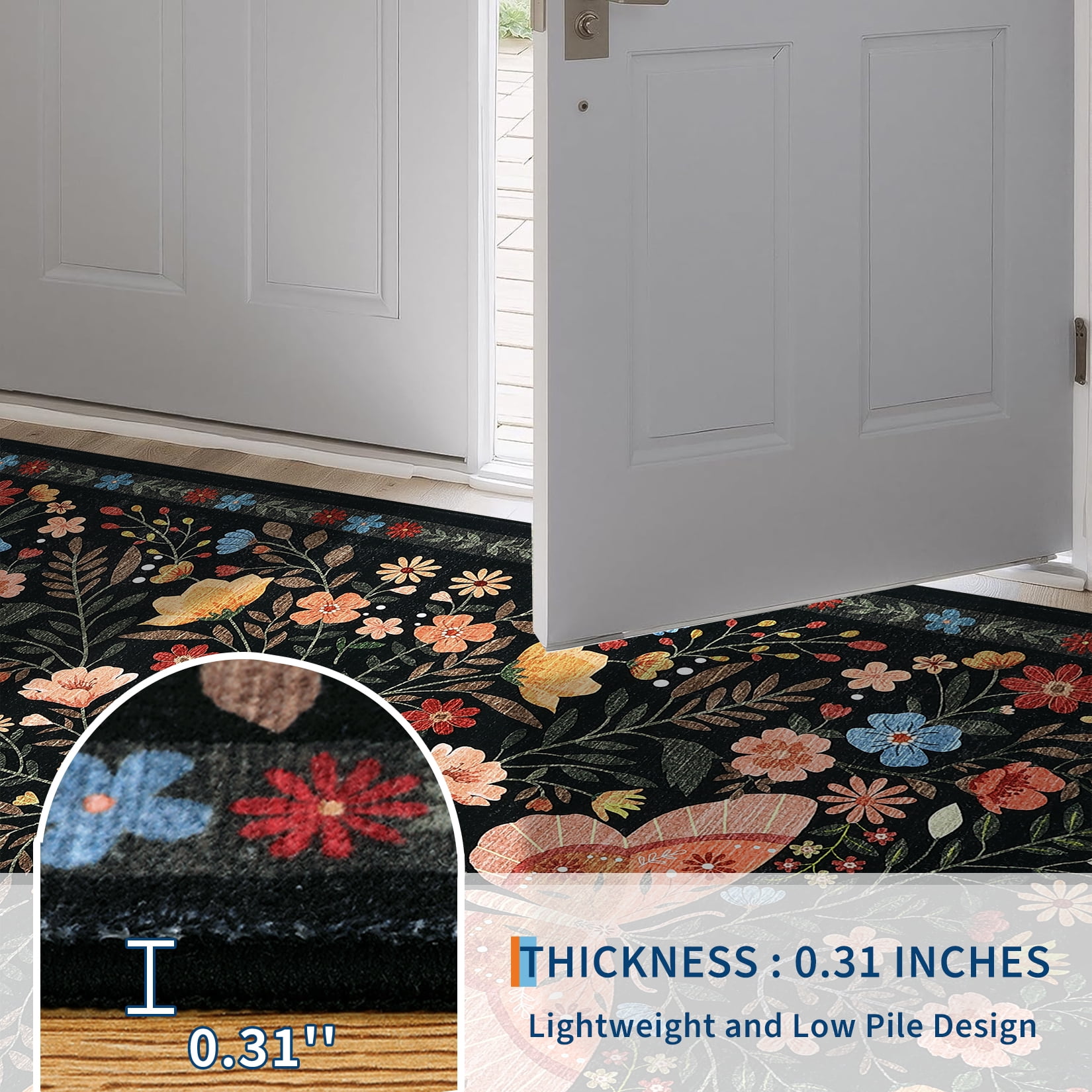 HOMERRY Floral Black Rug for Living Room 10x13 Washable Butterfly Pattern Bedroom Indoor Modern Carpet