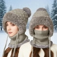 thumbnail image 2 of Bibifish Womens Scarf Hat One Piece Winter Warm Lined Scarf Hat With Pompoms Cold Weather Windproof Thermal Knitted Neck Warmers, 2 of 5