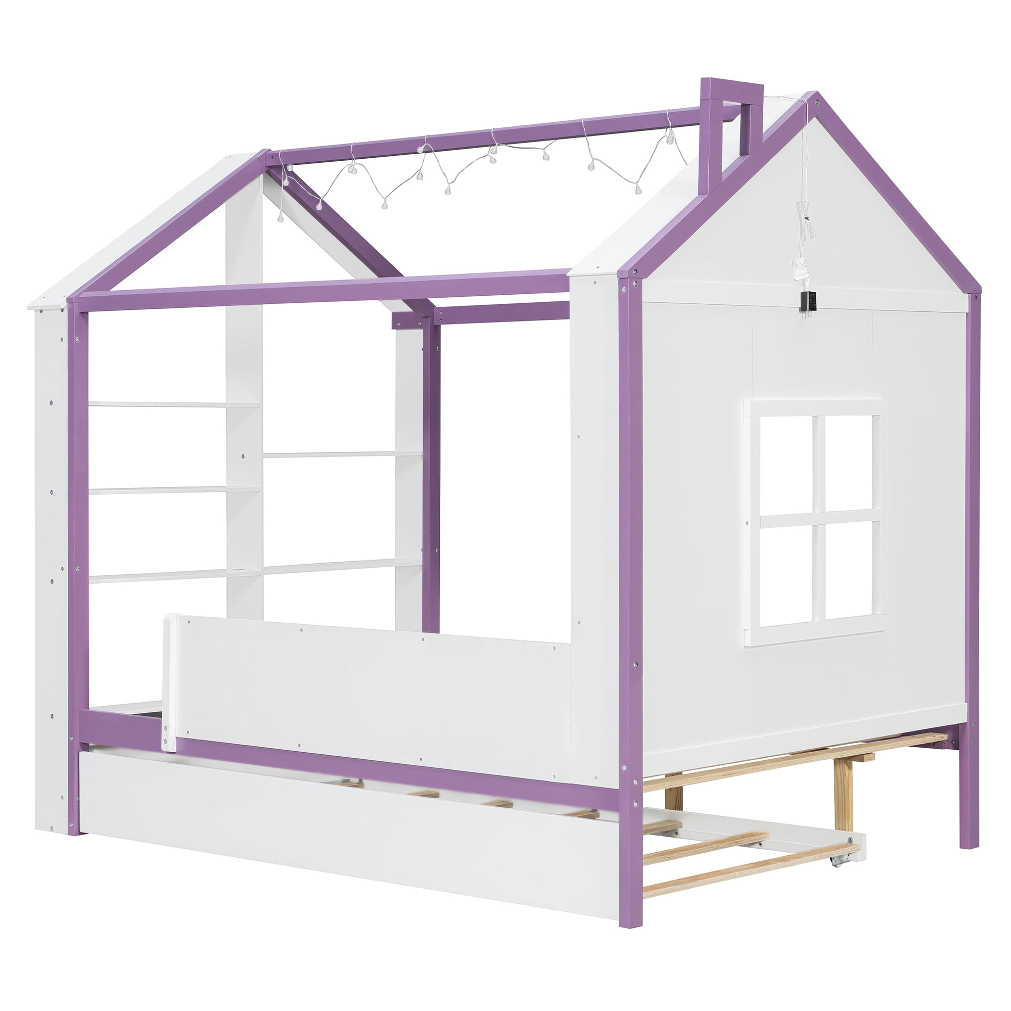 Full Size House Bed Frame with Pull-Out Trundle, Tail End Storage Shelves and Cool White LED Lights, White+Purple