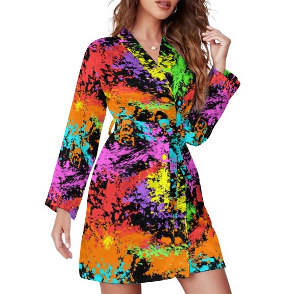 Colorful Splash Pajama Robe Abstract Ink Print Long Sleeve Casual Pajamas Robes Woman V Neck Cute Bathrobe Autumn Design Dress