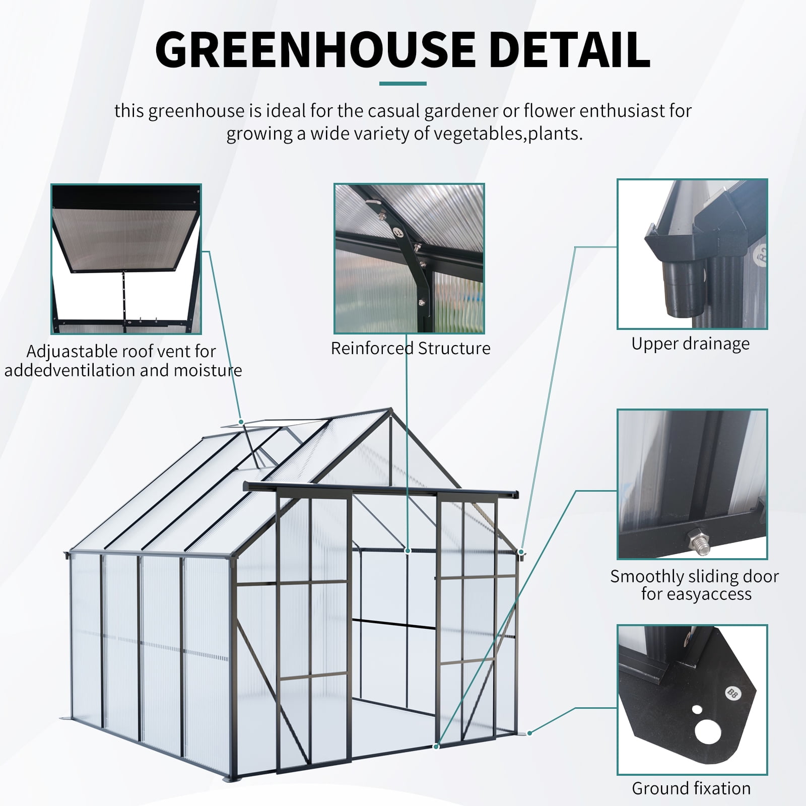 Witaxima 8x8 FT Double Door Polycarbonate Greenhouse with Raised Base, Aluminum Heavy Duty Walk-in Greenhouse for Outdoor Backyard, All Season Use, Black