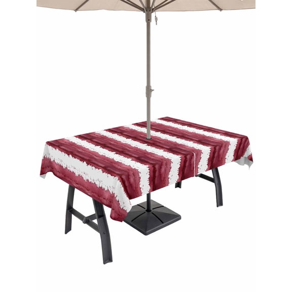 Outdoor Tablecloth with Umbrella Hole for Patio/Picnic/Party/Camping, Red Striped Waterproof Table Cloth Rectangle Table Cover Washable, Watercolor Farmhouse Stripes Abstract (60"x 120")